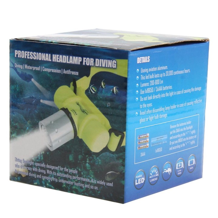 30m Diving Flashlight Headlight, T6 3 Mode Zoom LED Strong Light