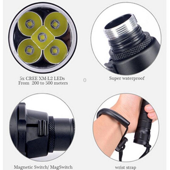 5 x LED White Light Diving Flashlight, 6800 LM, Diving Depth: 150m (Black)