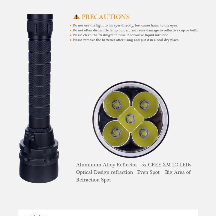 5 x LED White Light Diving Flashlight, 6800 LM, Diving Depth: 150m (Black)