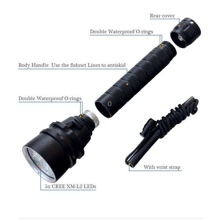 5 x LED White Light Diving Flashlight, 6800 LM, Diving Depth: 150m (Black)