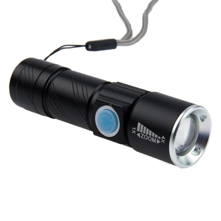White Light Retractable Flashlight, Q5 LED 3-Mode with Lanyard(Black)