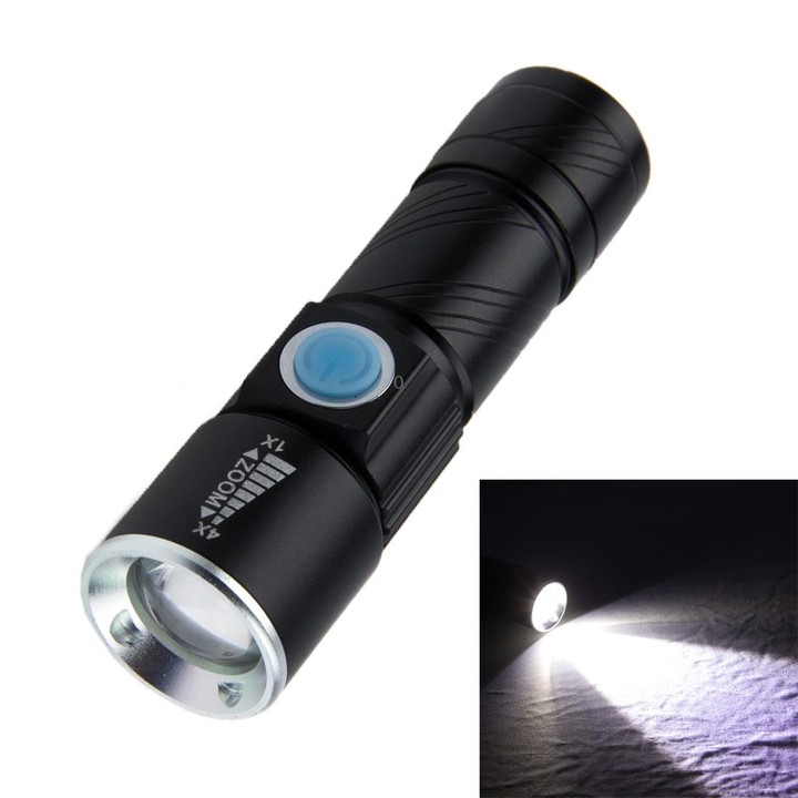 White Light Retractable Flashlight, Q5 LED 3-Mode with Lanyard(Black)