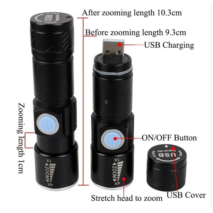 White Light Retractable Flashlight, Q5 LED 3-Mode with Lanyard(Gold)