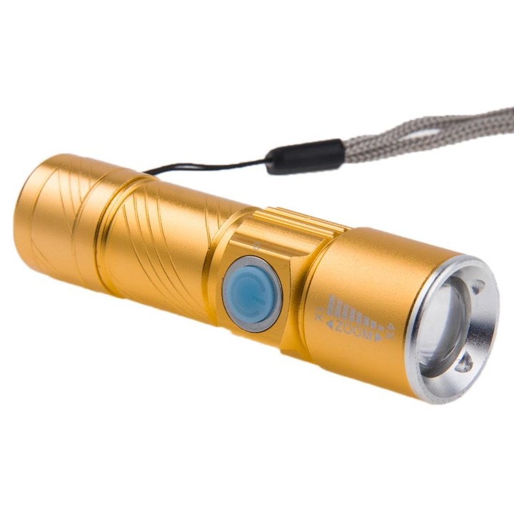 White Light Retractable Flashlight, Q5 LED 3-Mode with Lanyard(Gold)