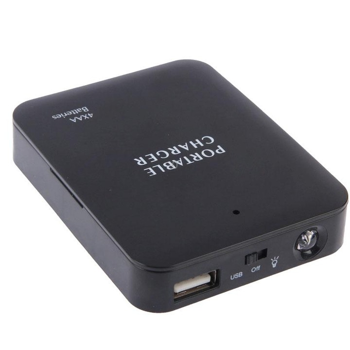 USB 2.0 4 x AA Batteries Box Portable Charger with Flashlight(Black)