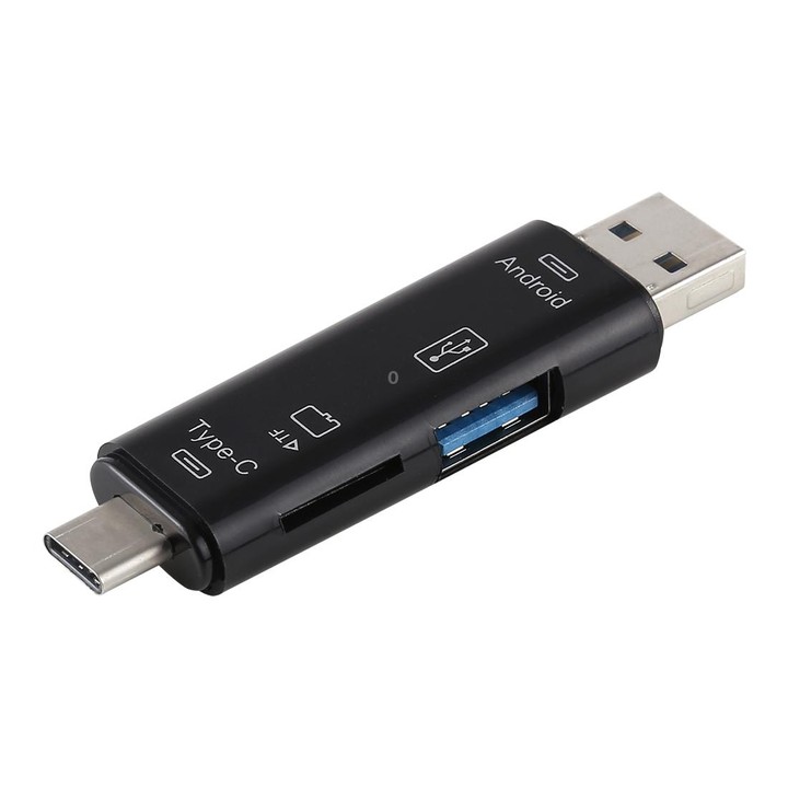 D-188 3 in 1 TF & USB to Micro USB & Type-C Card Reader OTG Adapter Connector(Black)