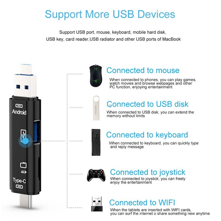 D-188 3 in 1 TF & USB to Micro USB & Type-C Card Reader OTG Adapter Connector(Black)