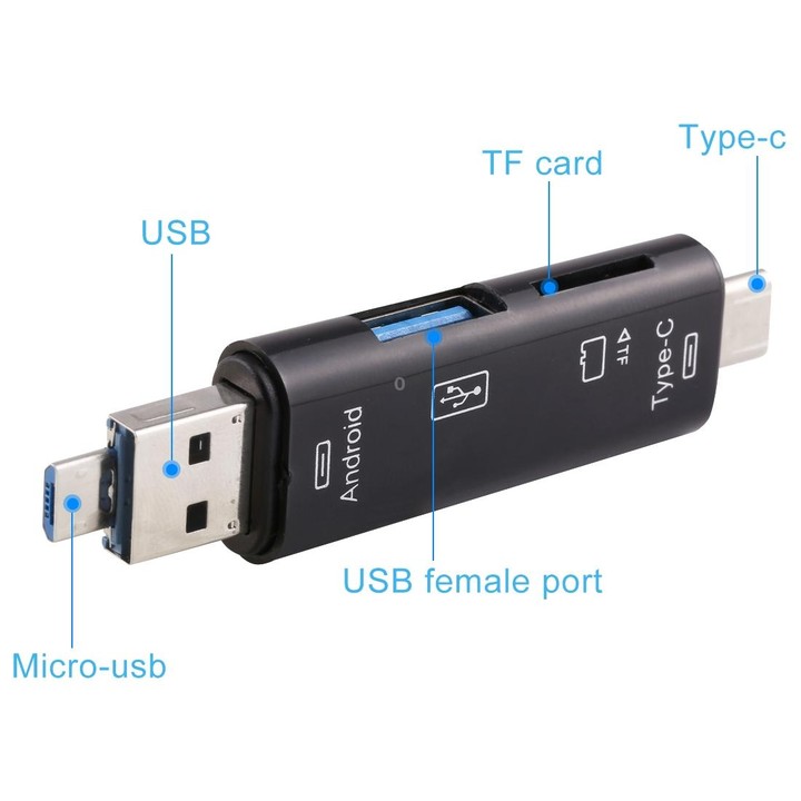 D-188 3 in 1 TF & USB to Micro USB & Type-C Card Reader OTG Adapter Connector(Black)
