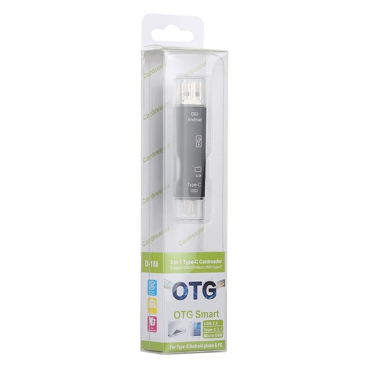 D-188 3 in 1 TF & USB to Micro USB & Type-C Card Reader OTG Adapter Connector(Black)