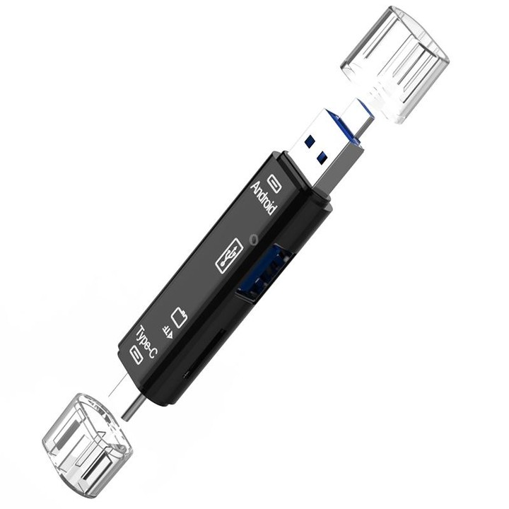 D-188 3 in 1 TF & USB to Micro USB & Type-C Card Reader OTG Adapter Connector(Black)