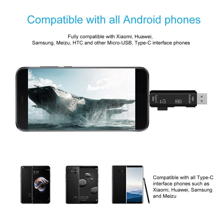 D-188 3 in 1 TF & USB to Micro USB & Type-C Card Reader OTG Adapter Connector(Black)