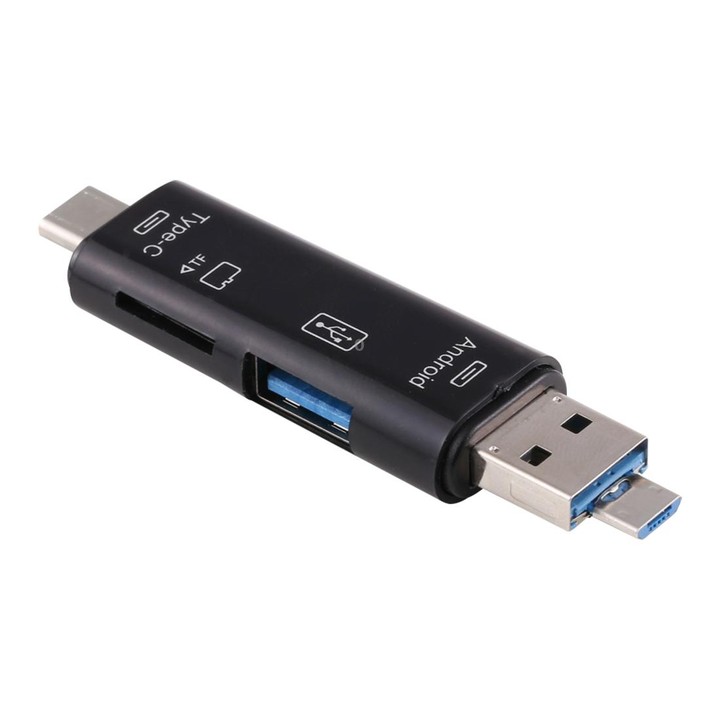 D-188 3 in 1 TF & USB to Micro USB & Type-C Card Reader OTG Adapter Connector(Black)