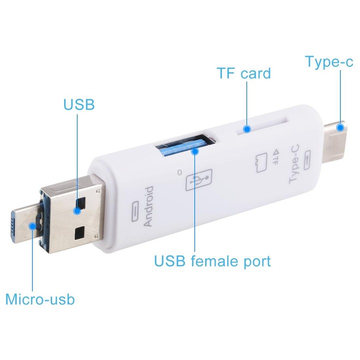 D-188 3 in 1 TF & USB to Micro USB & Type-C Card Reader OTG Adapter Connector(White)