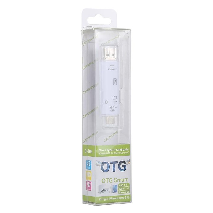 D-188 3 in 1 TF & USB to Micro USB & Type-C Card Reader OTG Adapter Connector(White)