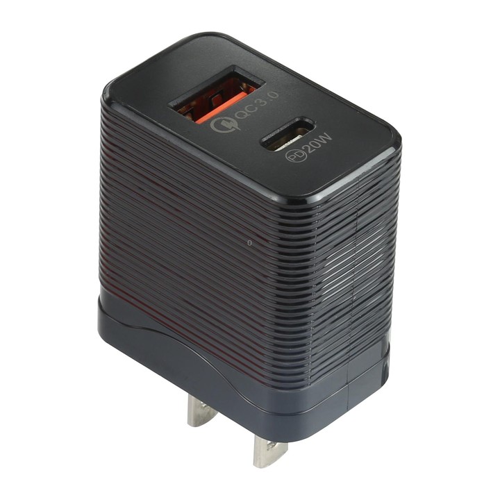 LZ-728 QC 3.0 USB + PD 20W USB-C / Type-C Fast Travel Charger, US Plug (Black)