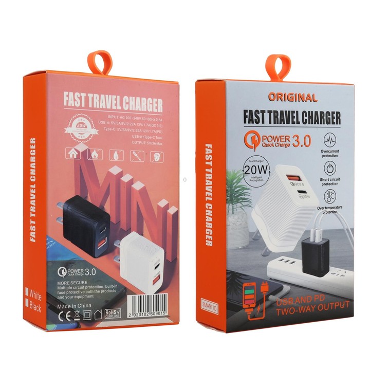 LZ-728 QC 3.0 USB + PD 20W USB-C / Type-C Fast Travel Charger, US Plug(White)