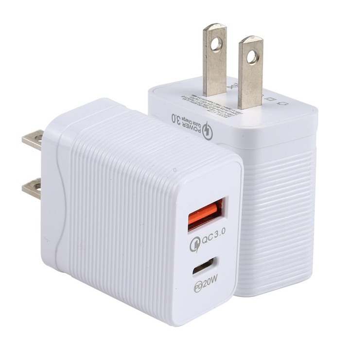 LZ-728 QC 3.0 USB + PD 20W USB-C / Type-C Fast Travel Charger, US Plug(White)