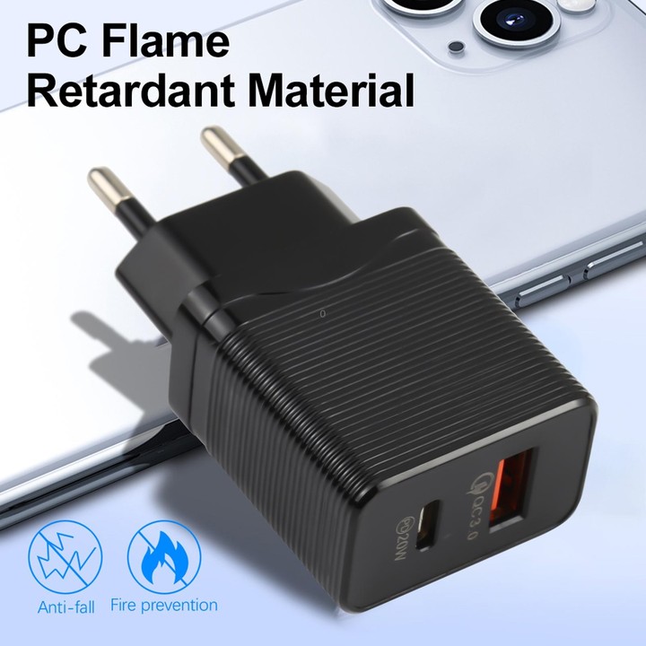 LZ-728 QC 3.0 USB + PD 20W USB-C / Type-C Fast Travel Charger, EU Plug(Black)