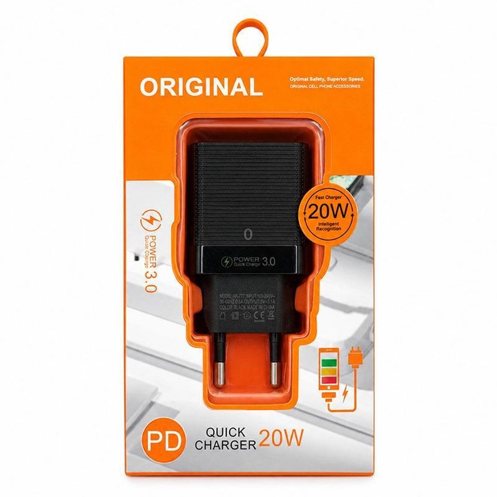 LZ-728 QC 3.0 USB + PD 20W USB-C / Type-C Fast Travel Charger, EU Plug(Black)