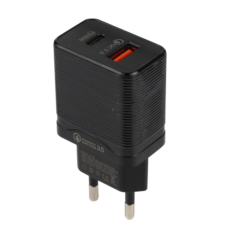 LZ-728 QC 3.0 USB + PD 20W USB-C / Type-C Fast Travel Charger, EU Plug(Black)
