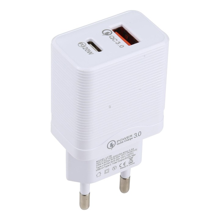 LZ-728 QC 3.0 USB + PD 20W USB-C / Type-C Fast Travel Charger, EU Plug (White)