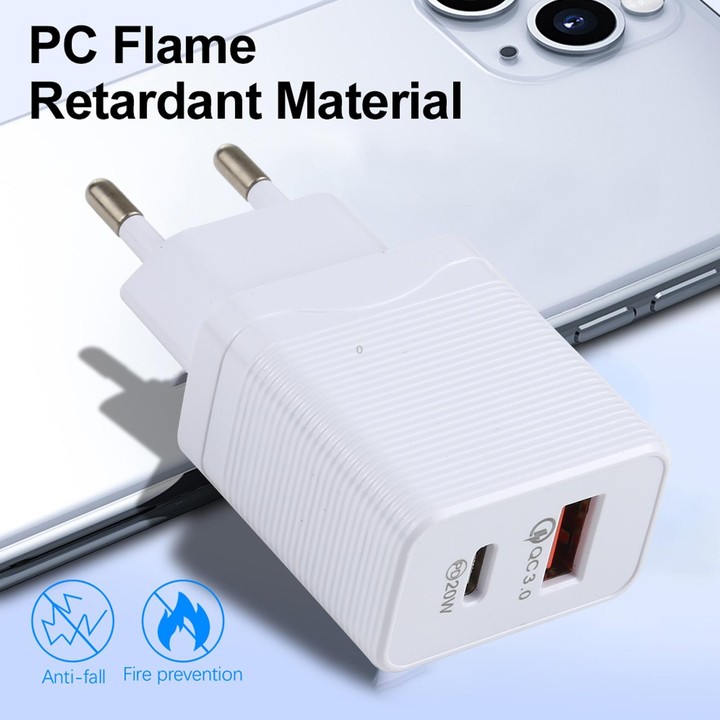LZ-728 QC 3.0 USB + PD 20W USB-C / Type-C Fast Travel Charger, EU Plug (White)