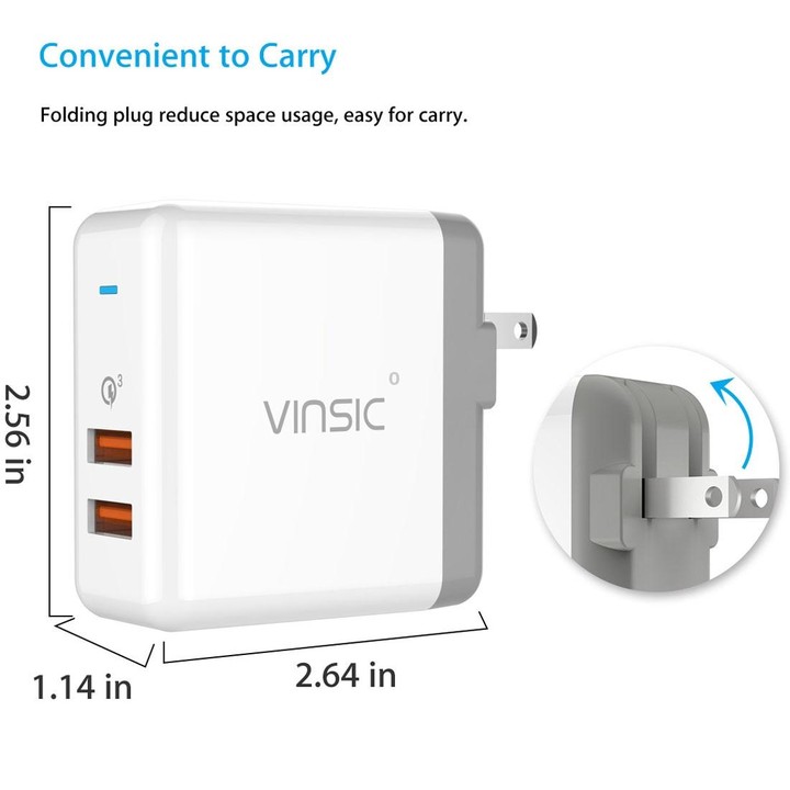 Vinsic 36W Portable Dual-Port Quick Charger 3.0 Dual-Port USB Wall Charger Travel Adapter, For iPhone/iPad, Galaxy S7/S6/Edge/Pl