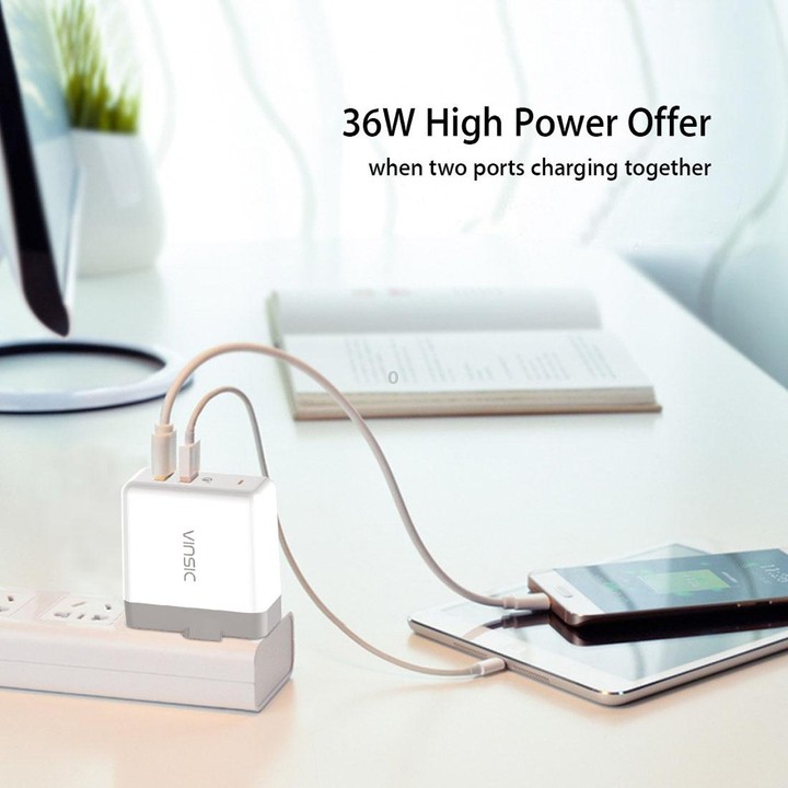 Vinsic 36W Portable Dual-Port Quick Charger 3.0 Dual-Port USB Wall Charger Travel Adapter, For iPhone/iPad, Galaxy S7/S6/Edge/Pl