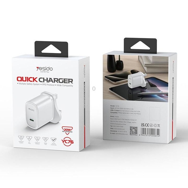 Yesido YC76 PD 20W USB-C / Type-C Single Port Quick Charger, UK Plug (White)