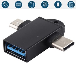 USB 3.0 Female to USB-C / Type-C Male + Micro USB Male Multi-function OTG Adapter with Sling Hole (Black)