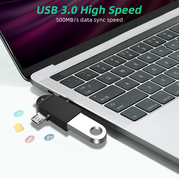 USB 3.0 Female to USB-C / Type-C Male + Micro USB Male Multi-function OTG Adapter with Sling Hole (Black)