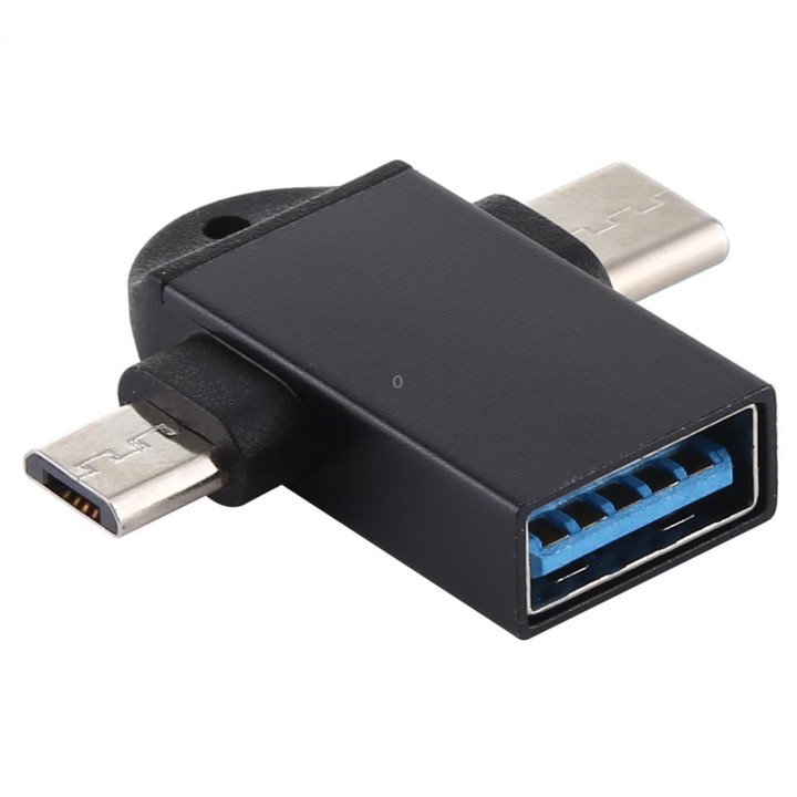USB 3.0 Female to USB-C / Type-C Male + Micro USB Male Multi-function OTG Adapter with Sling Hole (Black)