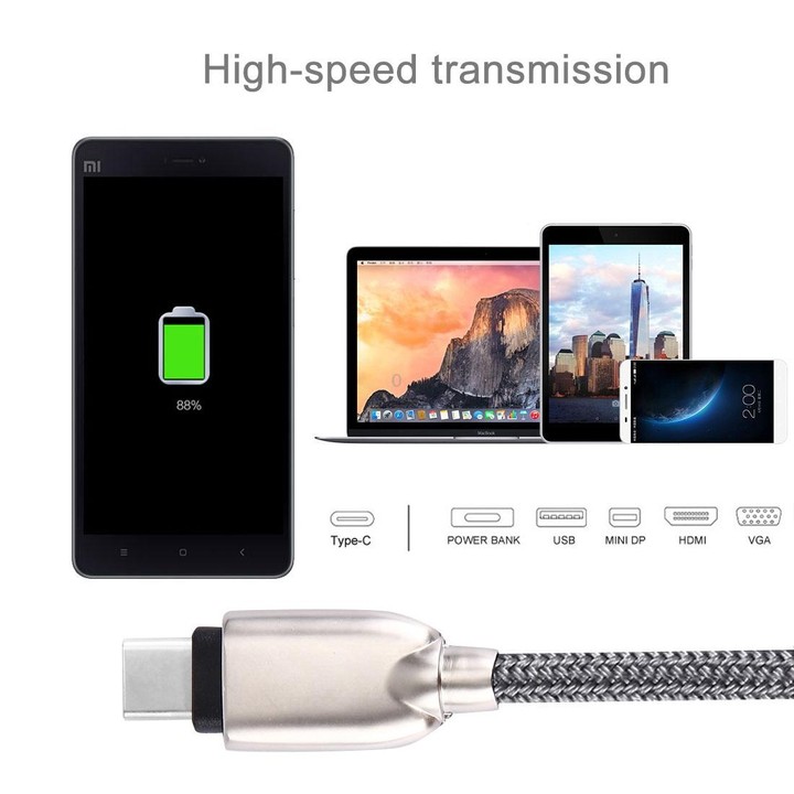 1M Woven Style Metal Head 108 Copper Cores USB-C / Type-C to USB Data Sync Charging Cable (Grey)
