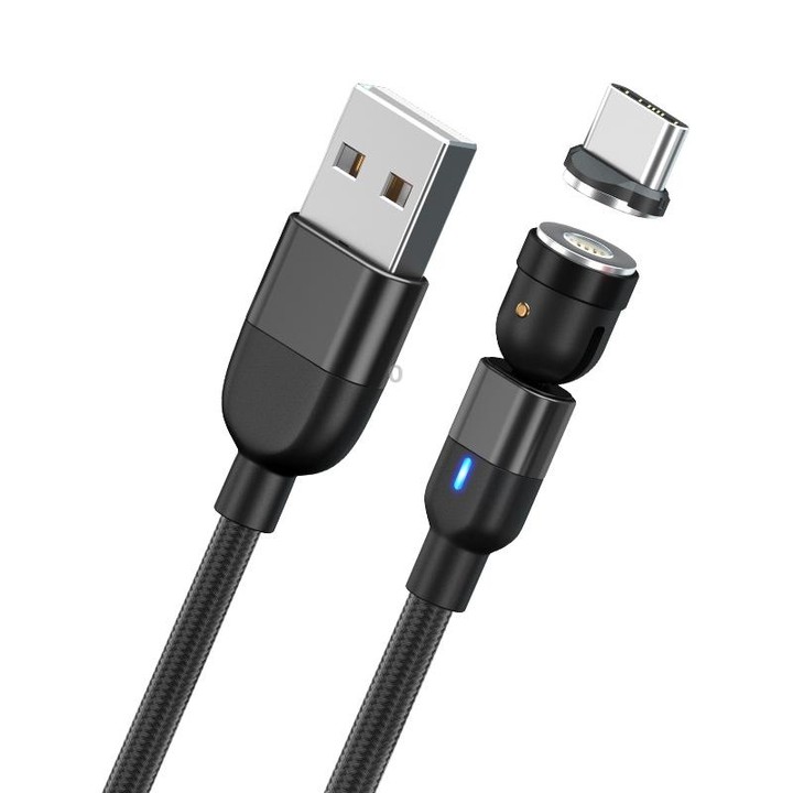 1m 3A Output USB to USB-C / Type-C 540 Degree Rotating Magnetic Data Sync Charging Cable (Black)