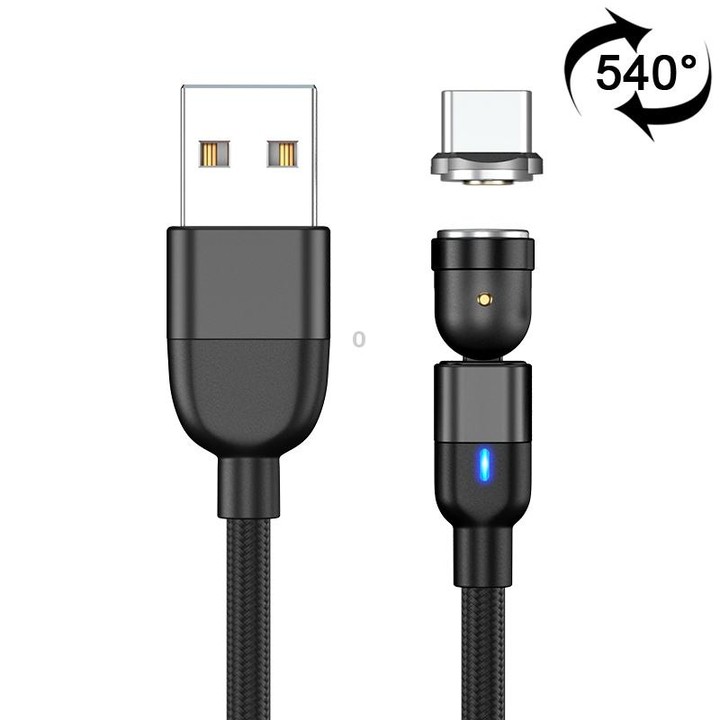 1m 3A Output USB to USB-C / Type-C 540 Degree Rotating Magnetic Data Sync Charging Cable (Black)