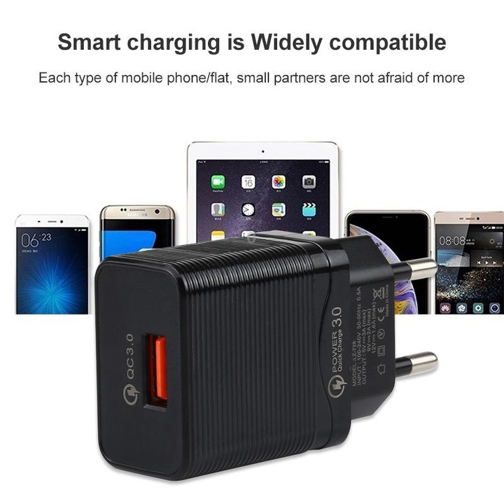 LZ-728 2 in 1 18W QC 3.0 USB Interface Travel Charger + USB to USB-C / Type-C Data Cable Set, EU Plug, Cable Length: 1m(Black)