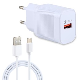 LZ-728 2 in 1 18W QC 3.0 USB Interface Travel Charger + USB to USB-C / Type-C Data Cable Set, EU Plug, Cable Length: 1m(White)