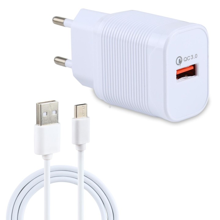 LZ-728 2 in 1 18W QC 3.0 USB Interface Travel Charger + USB to USB-C / Type-C Data Cable Set, EU Plug, Cable Length: 1m(White)
