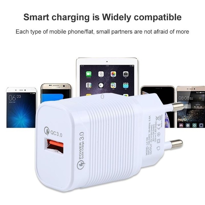 LZ-728 2 in 1 18W QC 3.0 USB Interface Travel Charger + USB to USB-C / Type-C Data Cable Set, EU Plug, Cable Length: 1m(White)