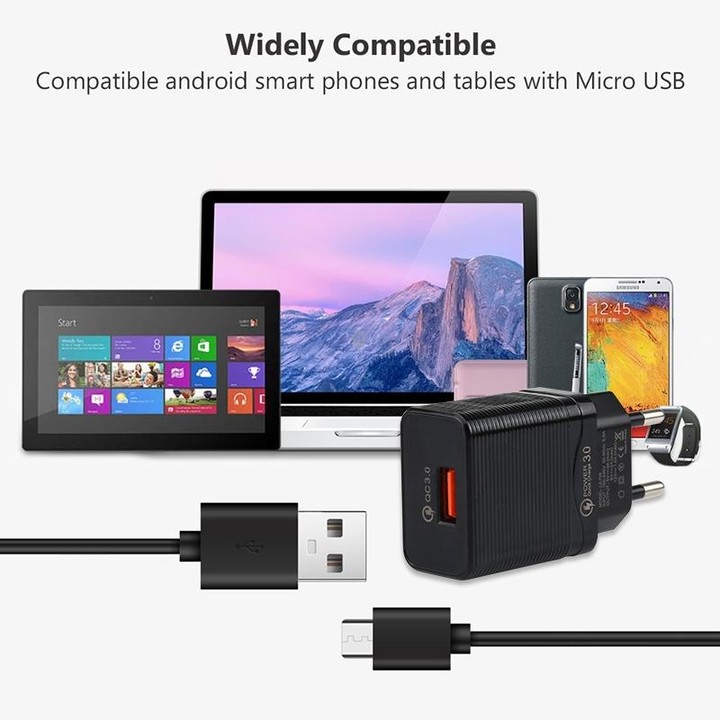 LZ-728 2 in 1 18W QC 3.0 USB Interface Travel Charger + USB to Micro USB Data Cable Set, EU Plug, Cable Length: 1m (Black)