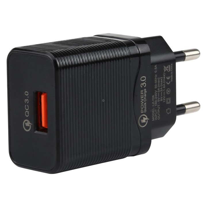 LZ-728 2 in 1 18W QC 3.0 USB Interface Travel Charger + USB to Micro USB Data Cable Set, EU Plug, Cable Length: 1m (Black)