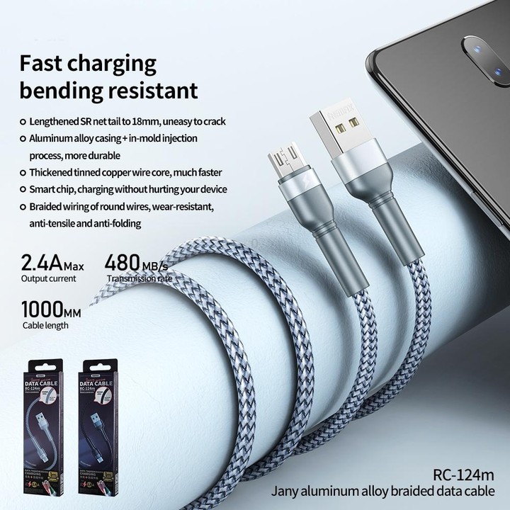 REMAX RC-124m 1m 2.4A USB to Micro USB Aluminum Alloy Braid Fast Charging Data Cable(Black)
