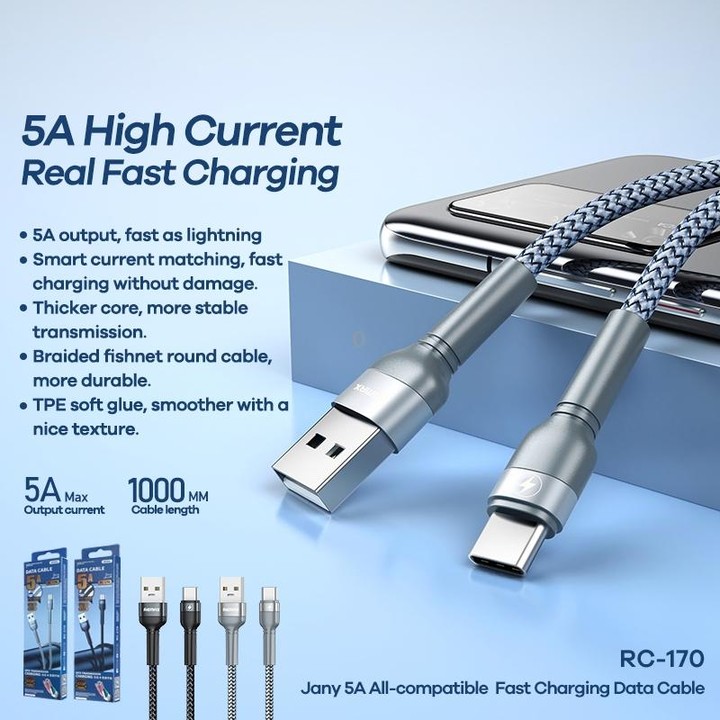 REMAX RC-170 Jany Series 1m 5A USB to USB-C / Type-C Aluminum Alloy Braid Fast Charging Data Cable (Silver)