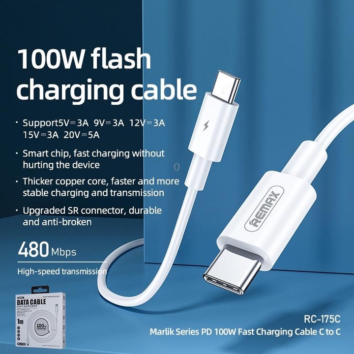 REMAX Marlik Series RC-175c PD 100W USB-C / Type-C to USB-C / Type-C Interface Fast Charging Data Cable, Cable Length: 1m (White