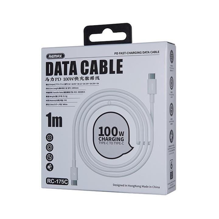 REMAX Marlik Series RC-175c PD 100W USB-C / Type-C to USB-C / Type-C Interface Fast Charging Data Cable, Cable Length: 1m (White
