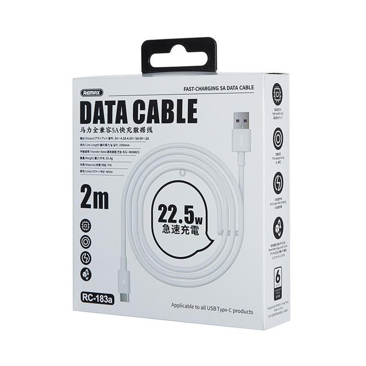 REMAX Marlik Series RC-183a 22.5W 5A USB to USB-C / Type-C Interface Fully Compatible Fast Charging Data Cable, Cable Length: 2m