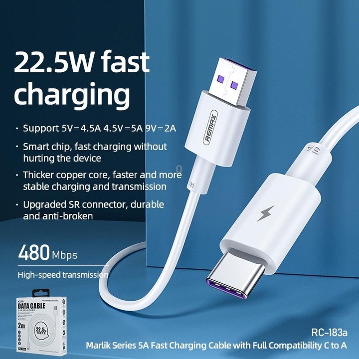 REMAX Marlik Series RC-183a 22.5W 5A USB to USB-C / Type-C Interface Fully Compatible Fast Charging Data Cable, Cable Length: 2m