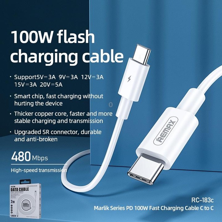REMAX Marlik Series RC-183c PD 100W USB-C / Type-C to USB-C / Type-C Interface Fast Charging Data Cable, Cable Length: 2m(White)
