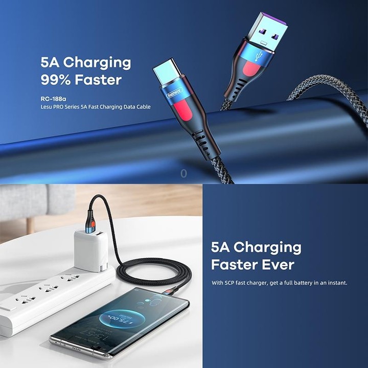 REMAX RC-188a Lesu Pro 1m 5A USB to USB-C / Type-C Aluminum Alloy Braid Fast Charging Data Cable(Black)