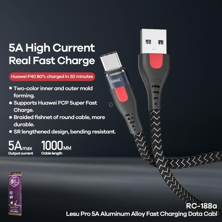 REMAX RC-188a Lesu Pro 1m 5A USB to USB-C / Type-C Aluminum Alloy Braid Fast Charging Data Cable(Black)